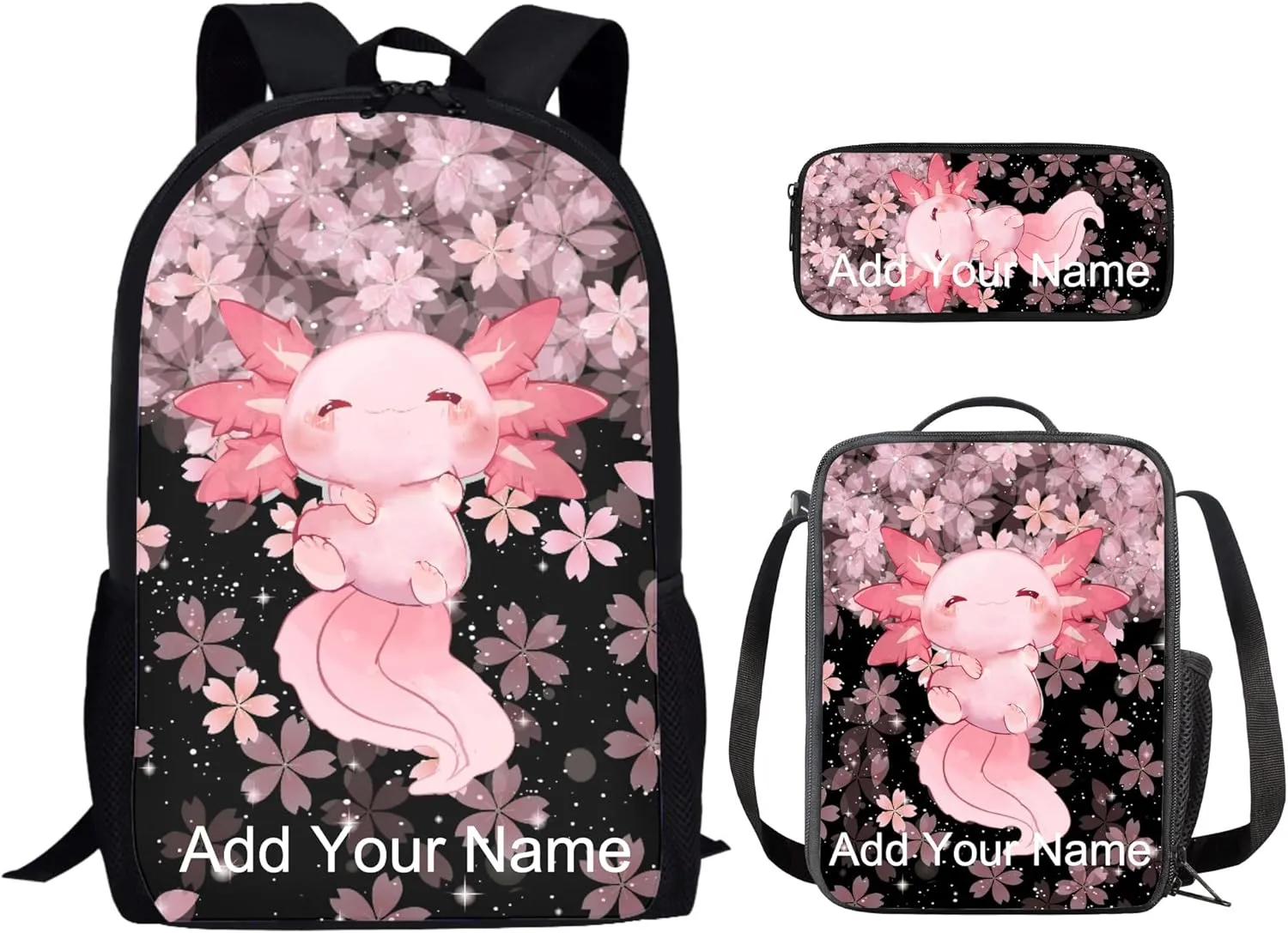 3 IN 1 Custom Cute Axolotl Backpack Cherry Blossom School Bag Set for Kids Girls Children Schoolbag Primary Preschool Secondary School Backpack Kindergarten Bookbag Personalized Name