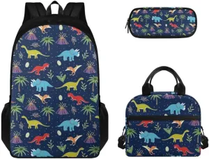 3 in 1 School Bags Set for Boys Cartoon Dinosaur Student Bookbag Kids Lunch Bag Pencil Case for Sports Camping Hiking Shoulder Bag