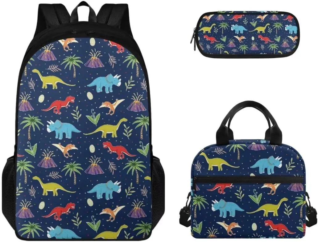3 in 1 School Bags Set for Boys Cartoon Dinosaur Student Bookbag Kids Lunch Bag Pencil Case for Sports Camping Hiking Shoulder Bag
