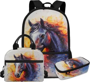 3 Piece Horse Backpack Set with Lunch Box for Kindergarten Girls Lightweight Ergonomic School Bag for Kids Ages 5-6 Spacious Bookbag and Lunchbox Combo