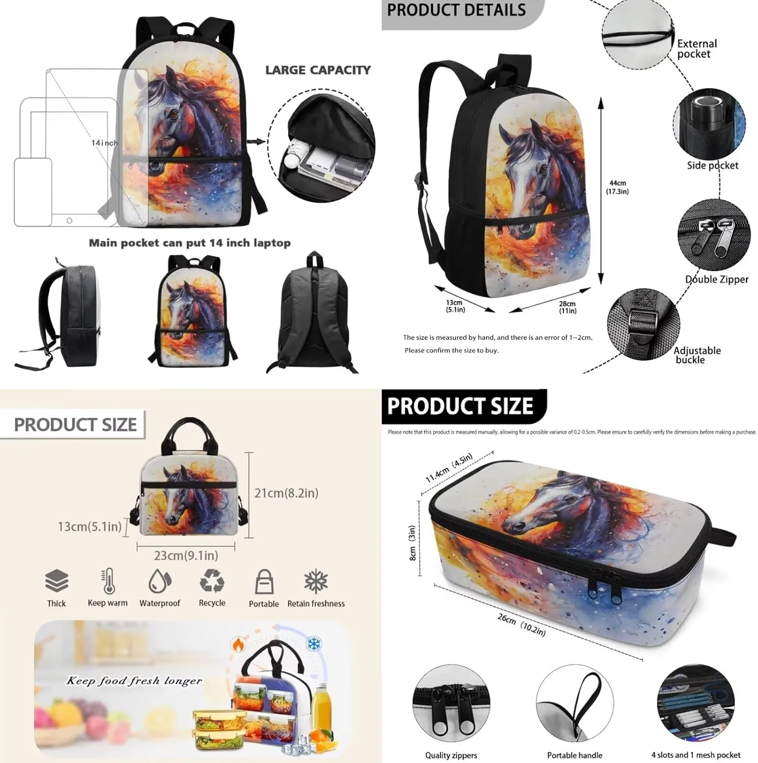3 Piece Horse Backpack Set with Lunch Box for Kindergarten Girls Lightweight Ergonomic School Bag for Kids Ages 5-6 Spacious Bookbag and Lunchbox Combo