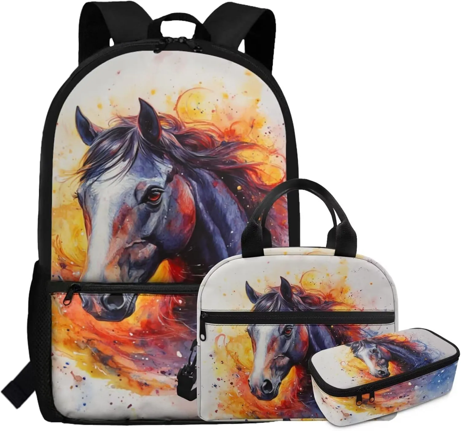 3 Piece Horse Backpack Set with Lunch Box for Kindergarten Girls Lightweight Ergonomic School Bag for Kids Ages 5-6 Spacious Bookbag and Lunchbox Combo
