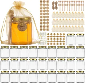30 Pack 6 oz Honey Jars with Gold Lids,Dipper,Stickers,Tags,Bags and Jute,Small Hexagon Glass Jars for Baby Shower Favors/Wedding Party Favors,Mini Canning Jars for Candle,Spices,Jam