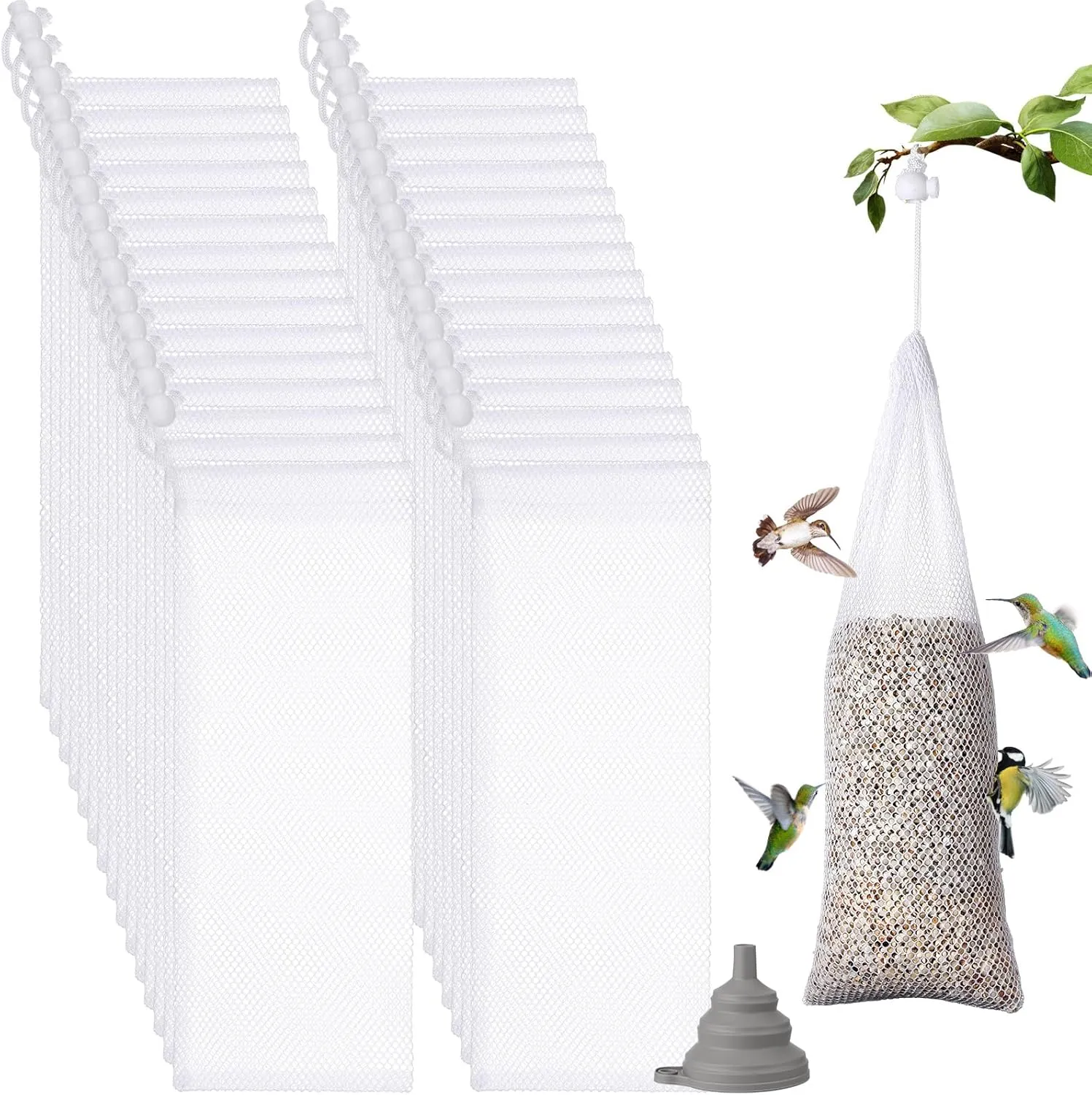 30 Pack Outdoor Finch Bird Feeders Durable Thistle Seed Feeding Bags with Food Grade Funnel, Bird Feeder Net Bag for Garden Yard Wild Finch Feeding (4.7" x 11.8", White)