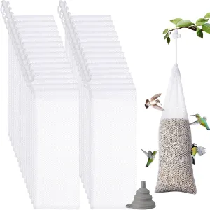 30 Pack Outdoor Finch Bird Feeders Durable Thistle Seed Feeding Bags with Food Grade Funnel, Bird Feeder Net Bag for Garden Yard Wild Finch Feeding (4.7" x 11.8", White)