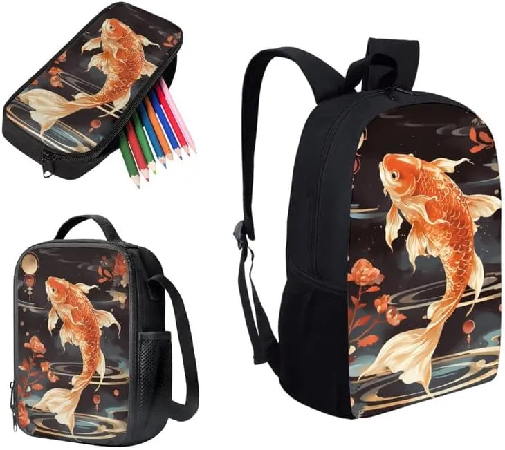 3D Red Goldfish 3 in 1 Teens School Bag Chinese Style Koi Carp Casual Backpack with Lunch Bag and Pencil Bag Ripple Koi Carp Elementary Preschool School Book Bag