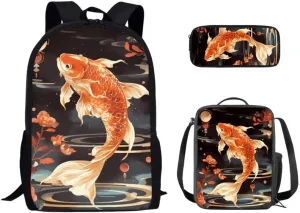 3D Red Goldfish 3 in 1 Teens School Bag Chinese Style Koi Carp Casual Backpack with Lunch Bag and Pencil Bag Ripple Koi Carp Elementary Preschool School Book Bag
