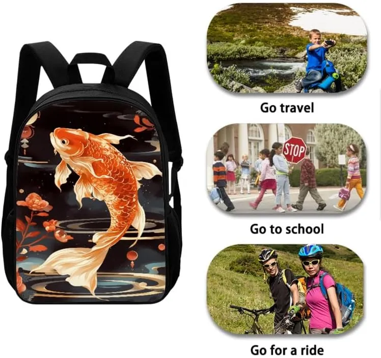 3D Red Goldfish 3 in 1 Teens School Bag Chinese Style Koi Carp Casual Backpack with Lunch Bag and Pencil Bag Ripple Koi Carp Elementary Preschool School Book Bag
