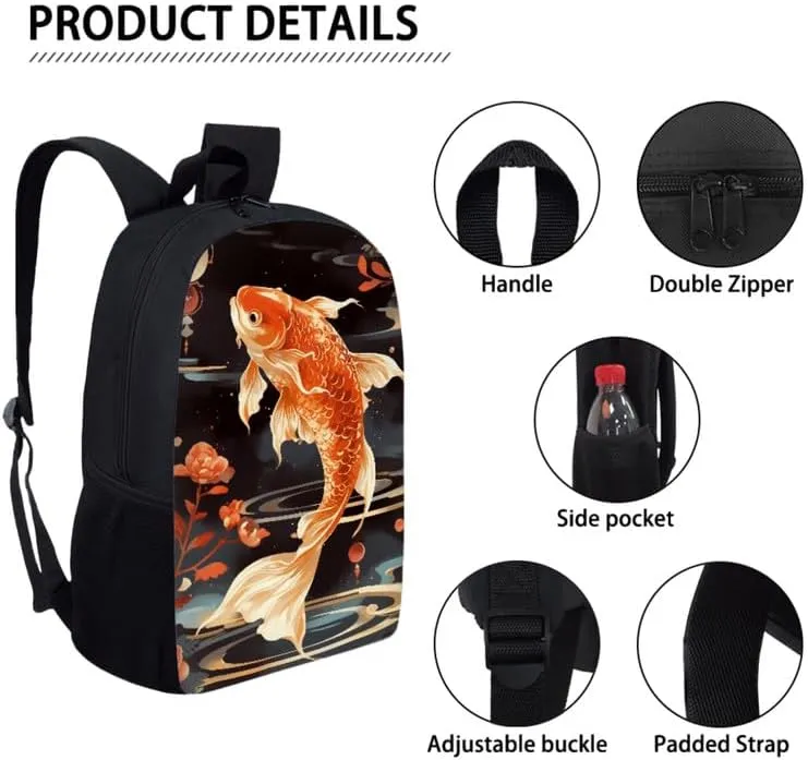 3D Red Goldfish 3 in 1 Teens School Bag Chinese Style Koi Carp Casual Backpack with Lunch Bag and Pencil Bag Ripple Koi Carp Elementary Preschool School Book Bag