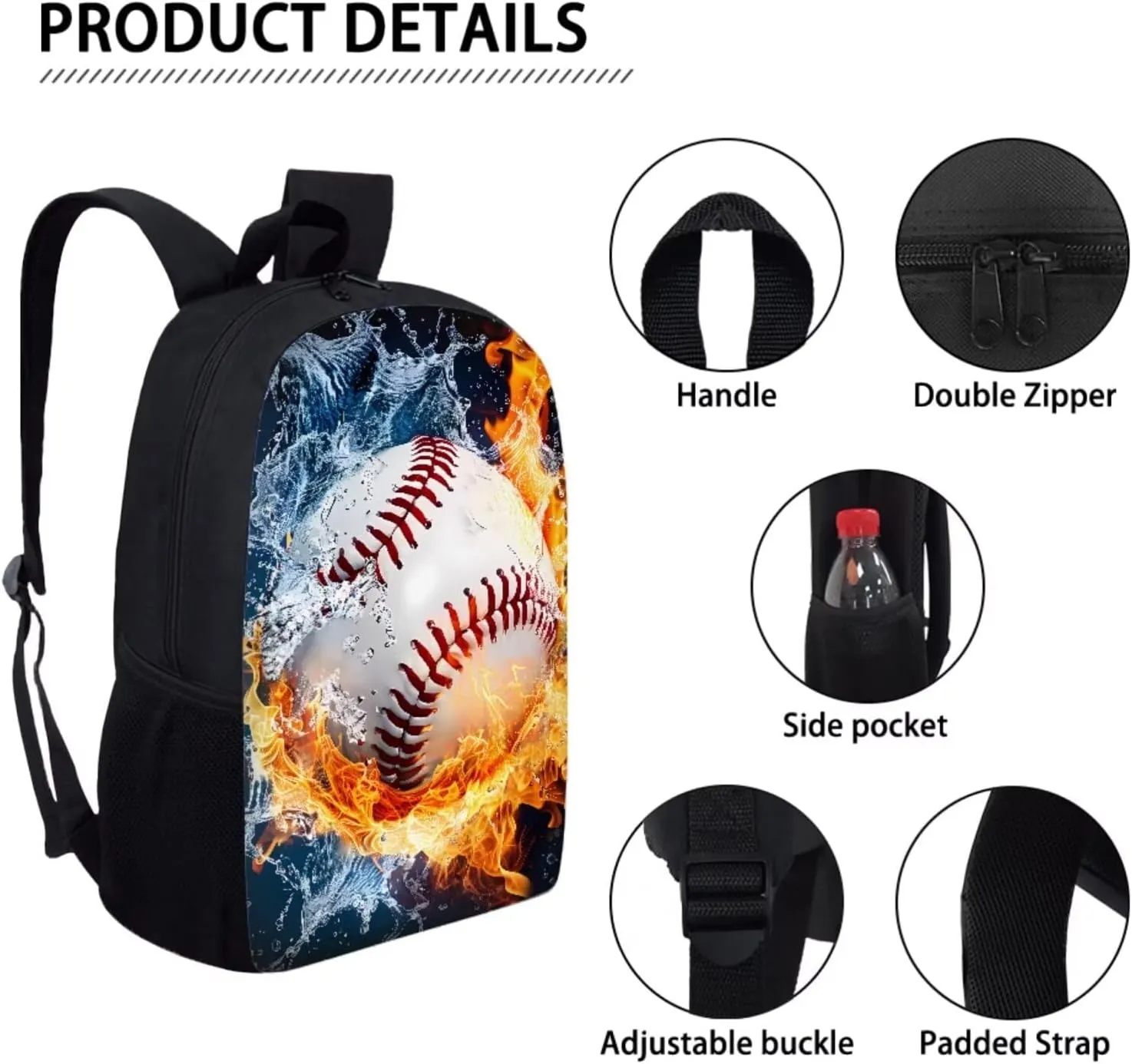 3PCS Baseball Fire Print Travel Bookbag Set Big Student Hiking Backpack Crossbody School Lunch Bag for Little Child Boys Girls