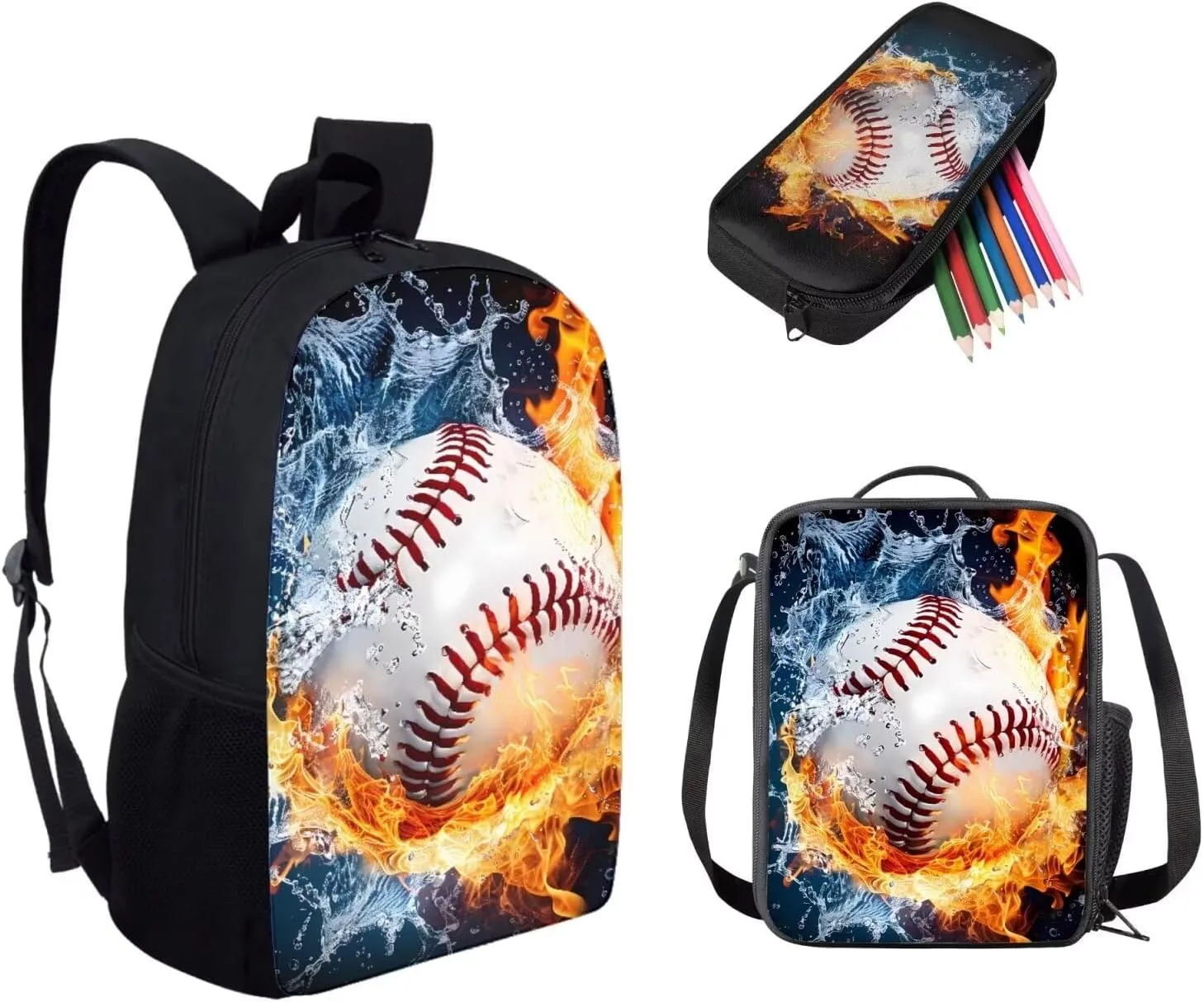 3PCS Baseball Fire Print Travel Bookbag Set Big Student Hiking Backpack Crossbody School Lunch Bag for Little Child Boys Girls