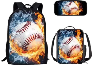 3PCS Baseball Fire Print Travel Bookbag Set Big Student Hiking Backpack Crossbody School Lunch Bag for Little Child Boys Girls
