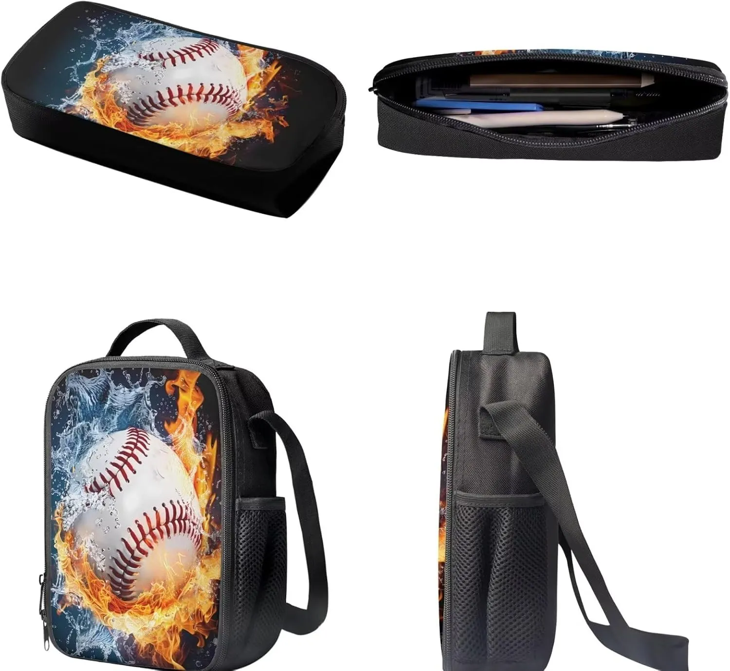 3PCS Baseball Fire Print Travel Bookbag Set Big Student Hiking Backpack Crossbody School Lunch Bag for Little Child Boys Girls