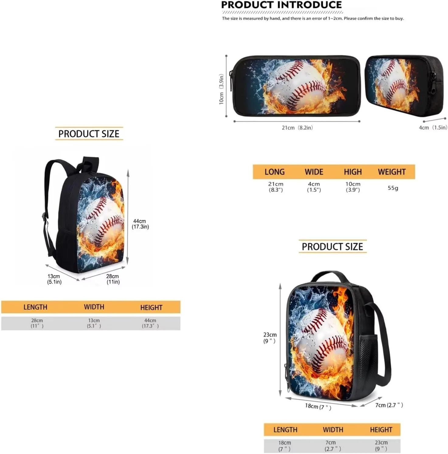 3PCS Baseball Fire Print Travel Bookbag Set Big Student Hiking Backpack Crossbody School Lunch Bag for Little Child Boys Girls