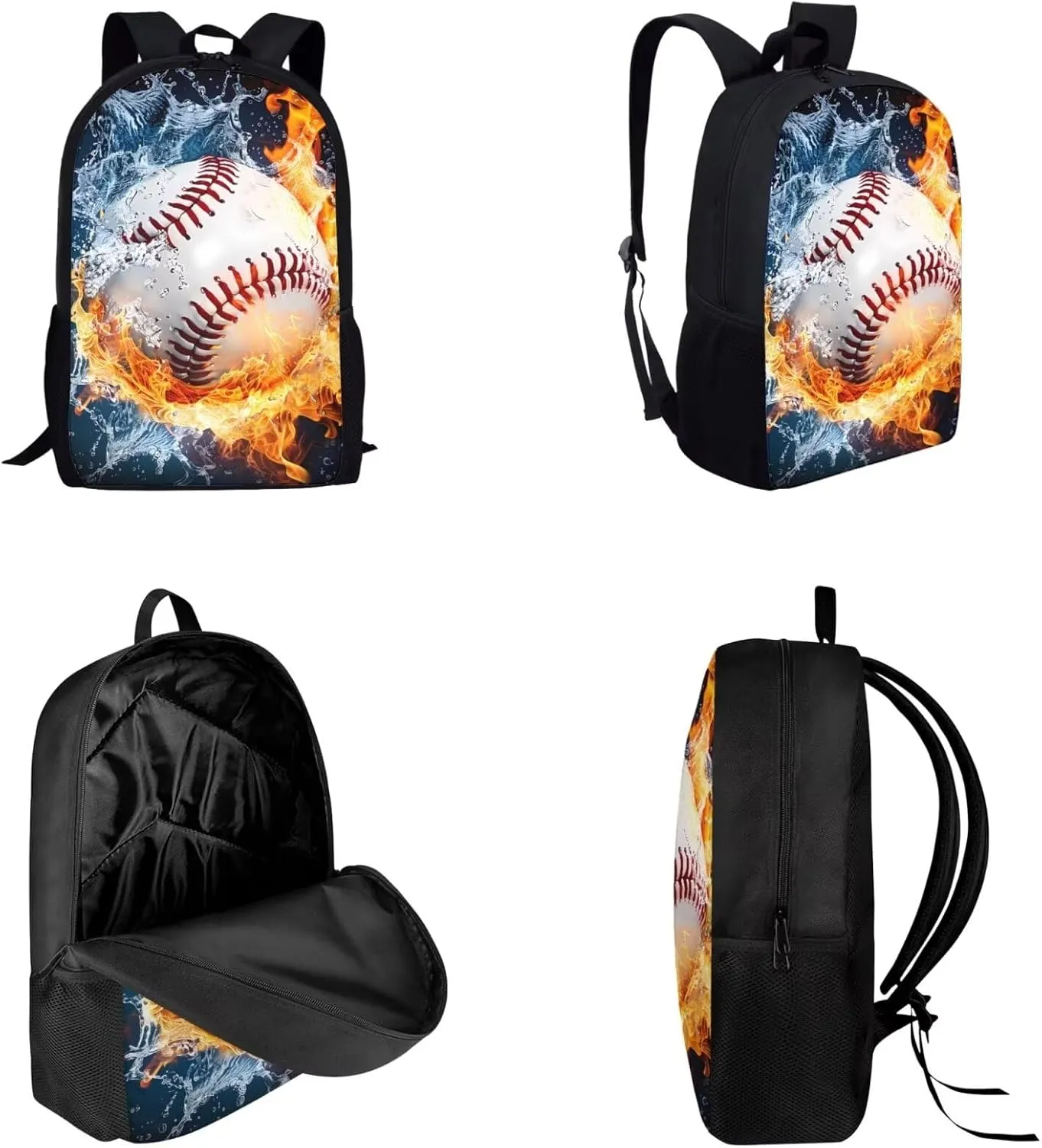 3PCS Baseball Fire Print Travel Bookbag Set Big Student Hiking Backpack Crossbody School Lunch Bag for Little Child Boys Girls