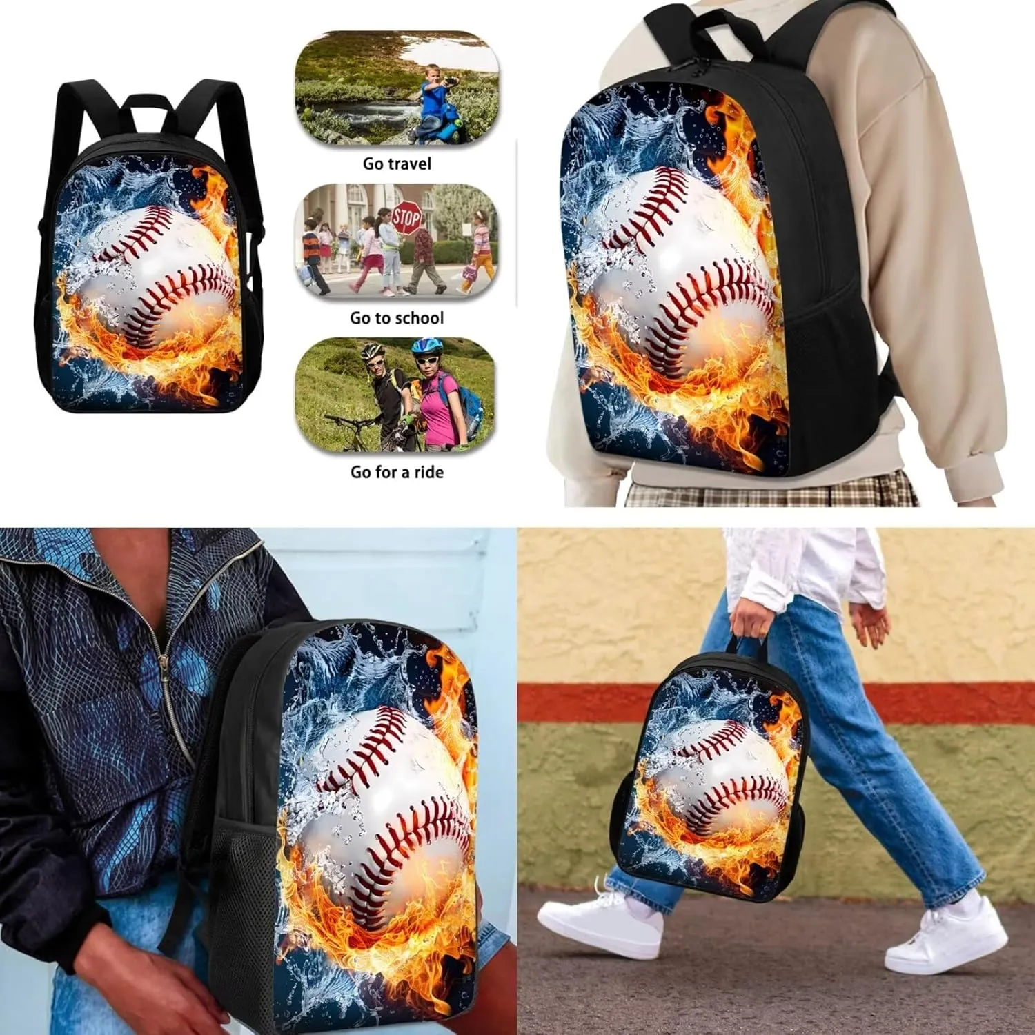 3PCS Baseball Fire Print Travel Bookbag Set Big Student Hiking Backpack Crossbody School Lunch Bag for Little Child Boys Girls