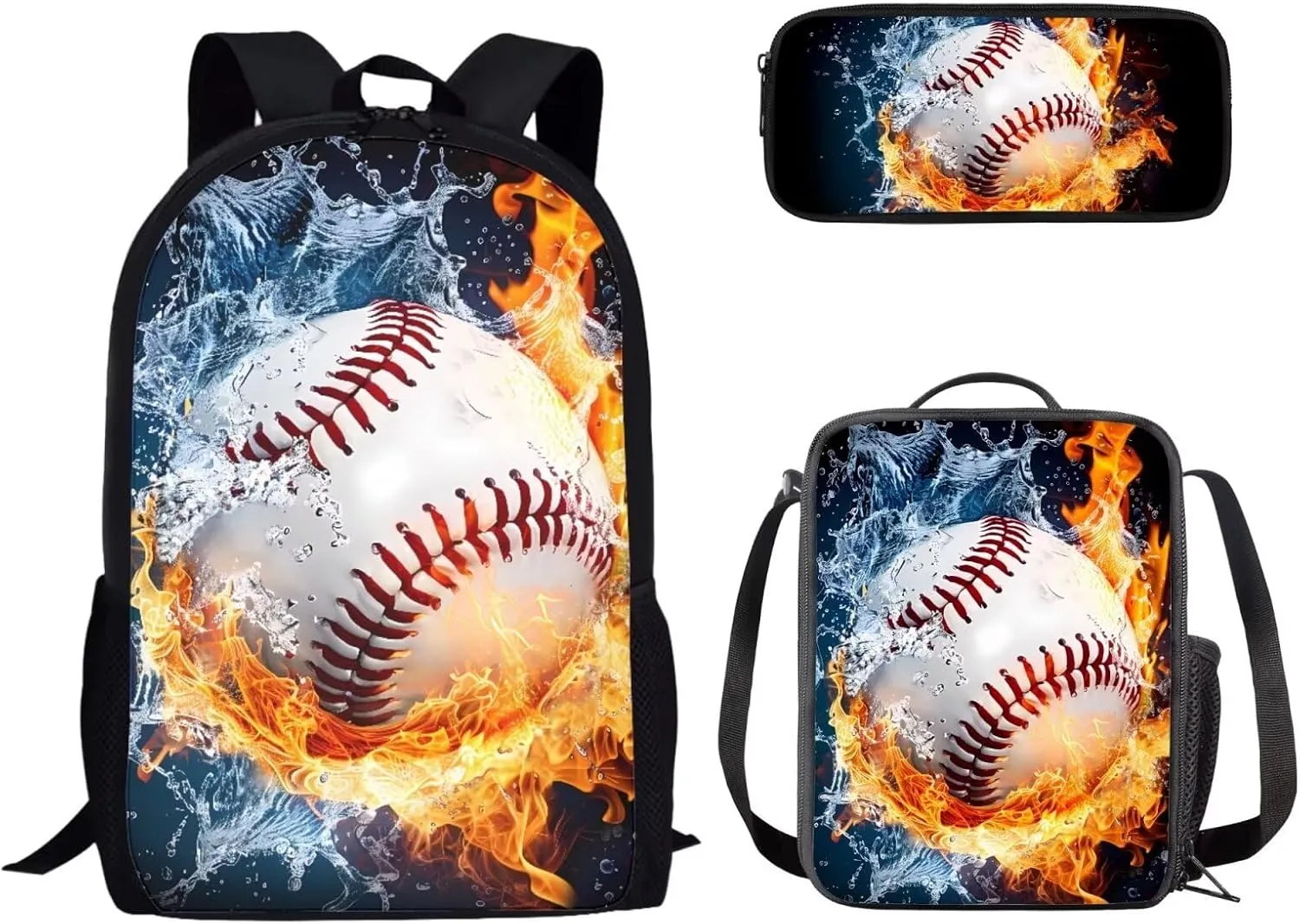 3PCS Baseball Fire Print Travel Bookbag Set Big Student Hiking Backpack Crossbody School Lunch Bag for Little Child Boys Girls
