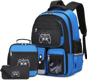 3PCS Boys Backpack, Kids Backpack for Boys with Lunch Box Pencil Case, Cool Gamer Schoolbag Book Bags for Kindergarten Elementary Middle School