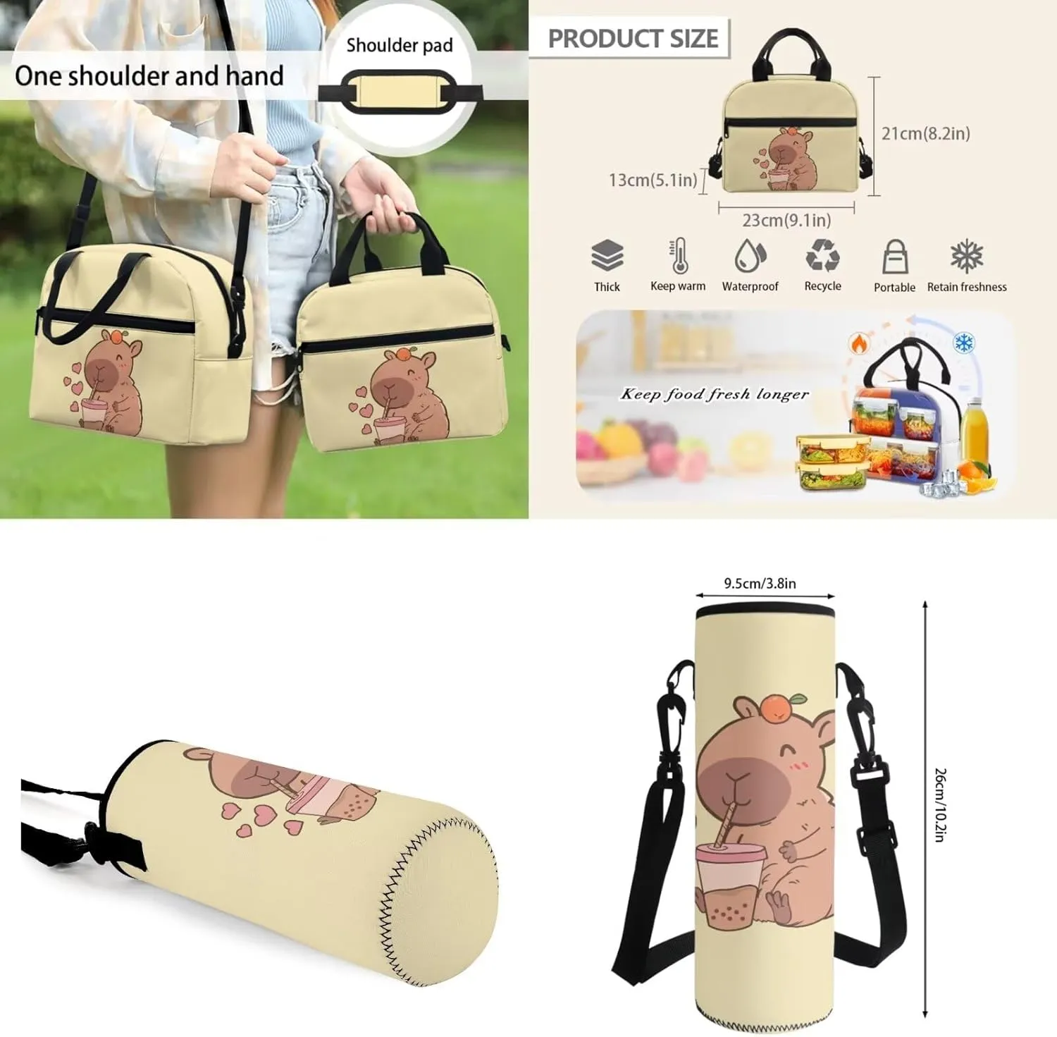 4 Pack Capybara Backpack Add Name Personalize Cartoon Capybara Schoolbag Sets with Lunch Box Pencil Case Water Holder Sleeve for Boy Girl 3-4,Casual Daypack Outdoor Travel Ruckpack