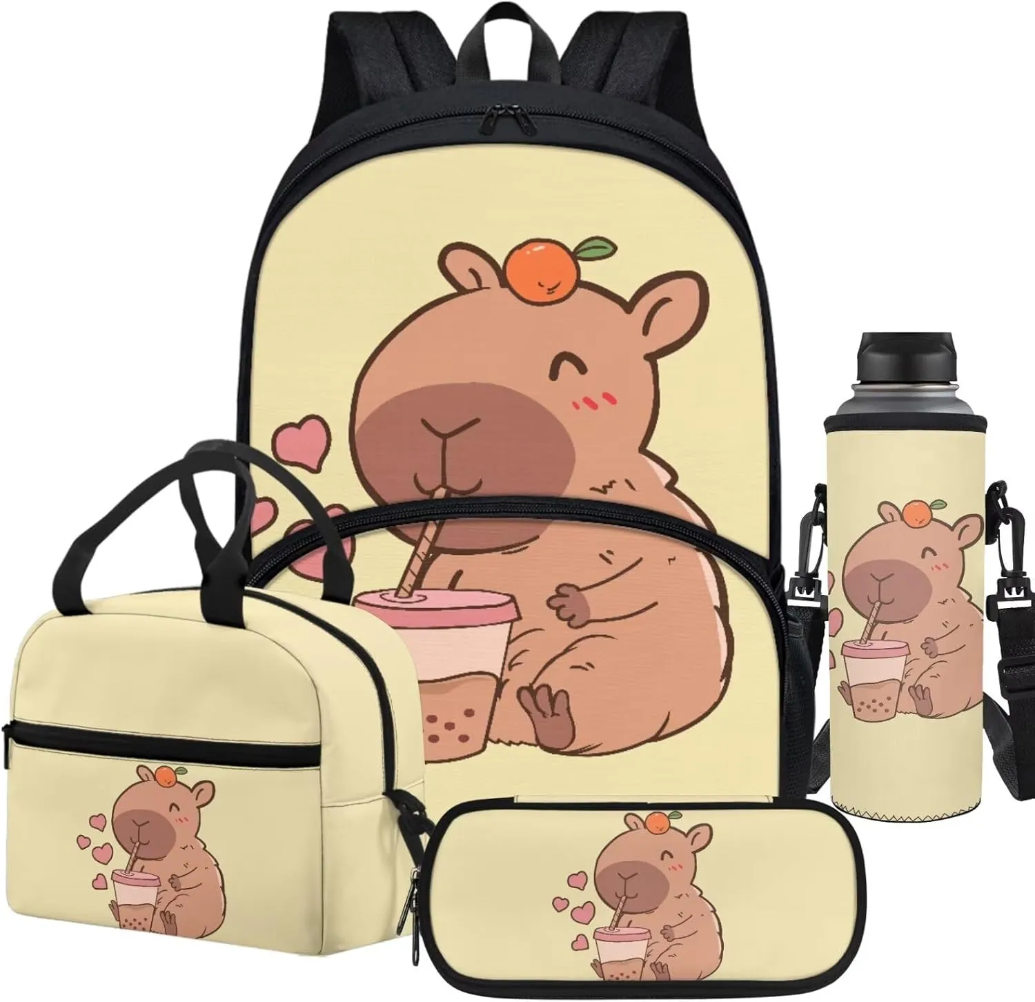 4 Pack Capybara Backpack Add Name Personalize Cartoon Capybara Schoolbag Sets with Lunch Box Pencil Case Water Holder Sleeve for Boy Girl 3-4,Casual Daypack Outdoor Travel Ruckpack
