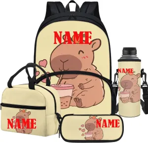 4 Pack Capybara Backpack Add Name Personalize Cartoon Capybara Schoolbag Sets with Lunch Box Pencil Case Water Holder Sleeve for Boy Girl 3-4,Casual Daypack Outdoor Travel Ruckpack