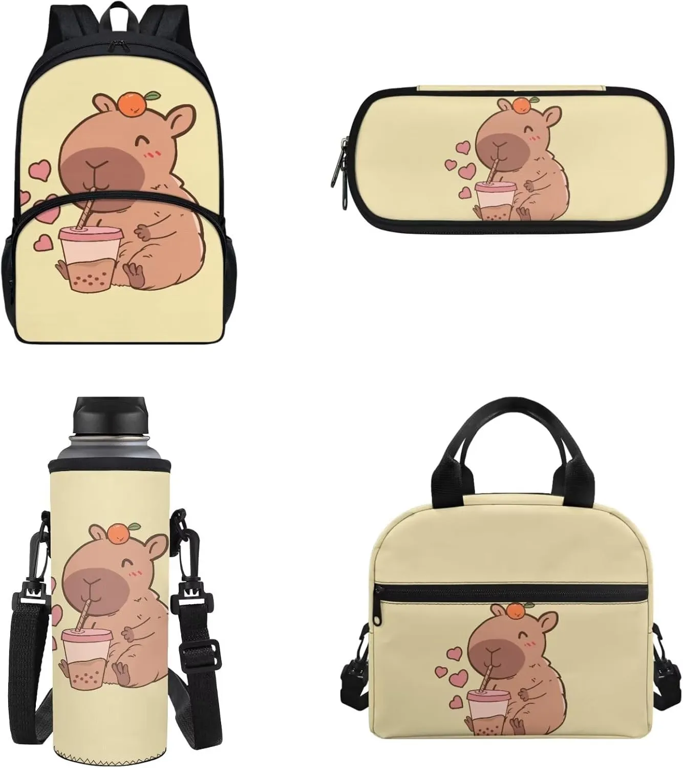 4 Pack Capybara Backpack Add Name Personalize Cartoon Capybara Schoolbag Sets with Lunch Box Pencil Case Water Holder Sleeve for Boy Girl 3-4,Casual Daypack Outdoor Travel Ruckpack