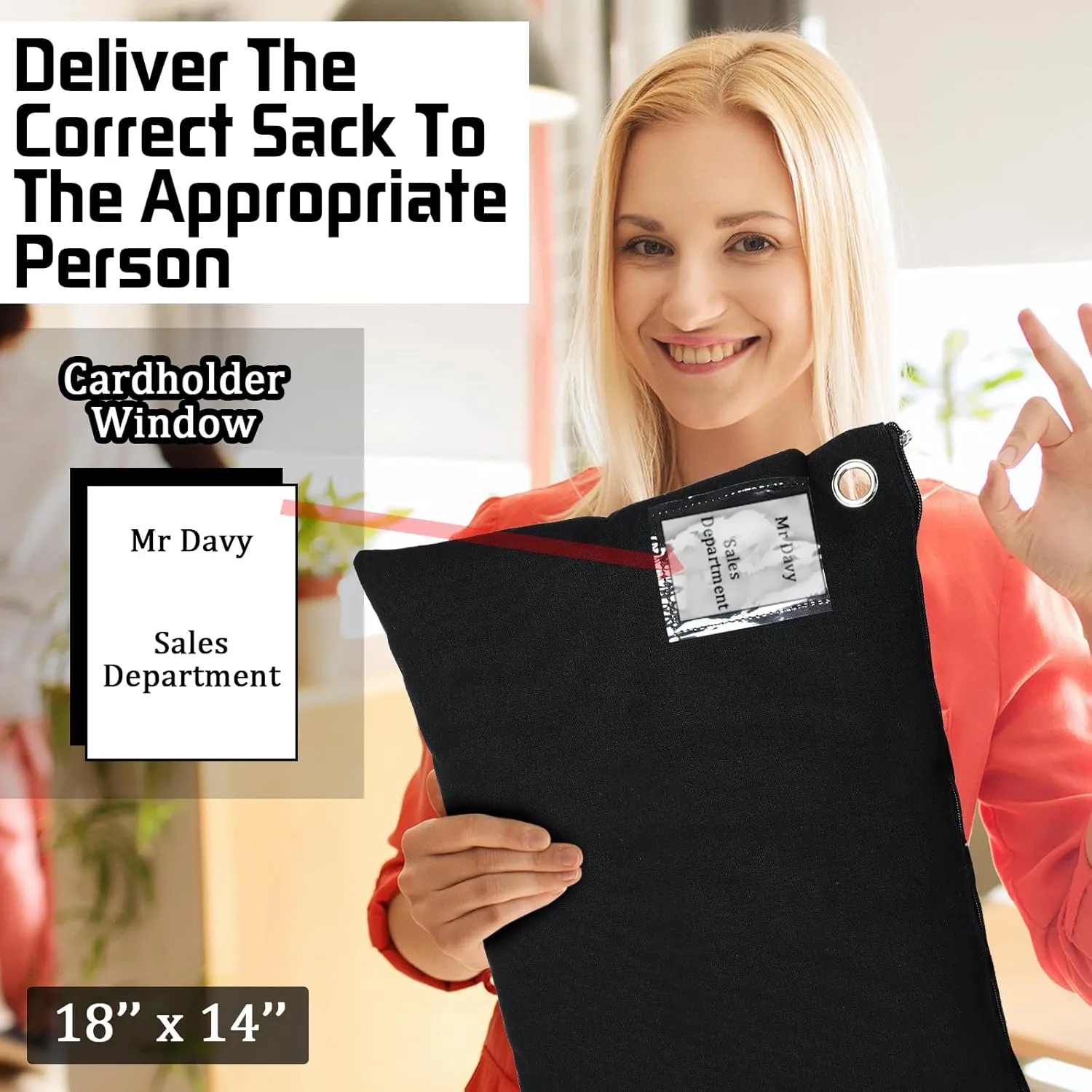 4 Pcs Interoffice Mailer Canvas Transit Sack Zipper Bag 18" x 14" Large Zipper Pouch with Grommet Interoffice Mail Bag (Black)