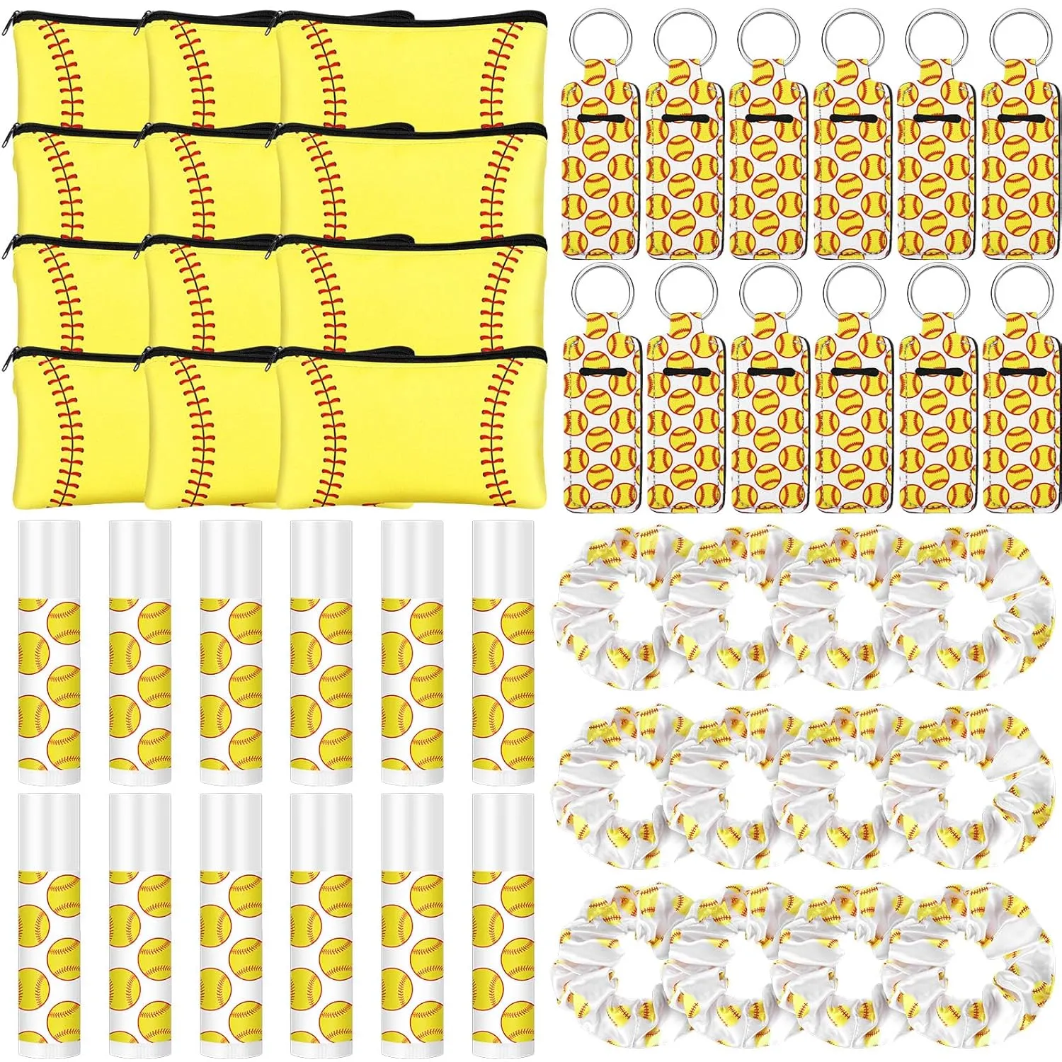 48 Pcs Softball Team Gifts Include 12 Makeup Bags, 12 Hair Scrunchies, 12 Lip Balms, 12 Lip Balm Holders for Softball Players, Girl Sports Team Accessories