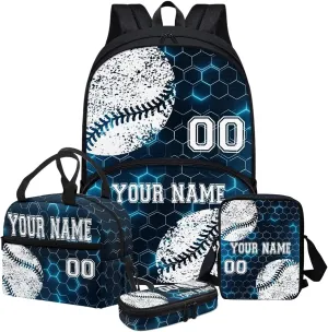 4Pcs Baseball Sport Personalized Customized Name Kids Backpack For Girls, Blue Hexagon Pattern Student School Backpack With Lunch Bag Pen Bag Set