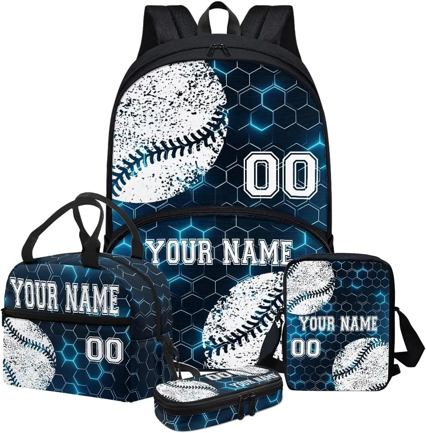 4Pcs Baseball Sport Personalized Customized Name Kids Backpack For Girls, Blue Hexagon Pattern Student School Backpack With Lunch Bag Pen Bag Set