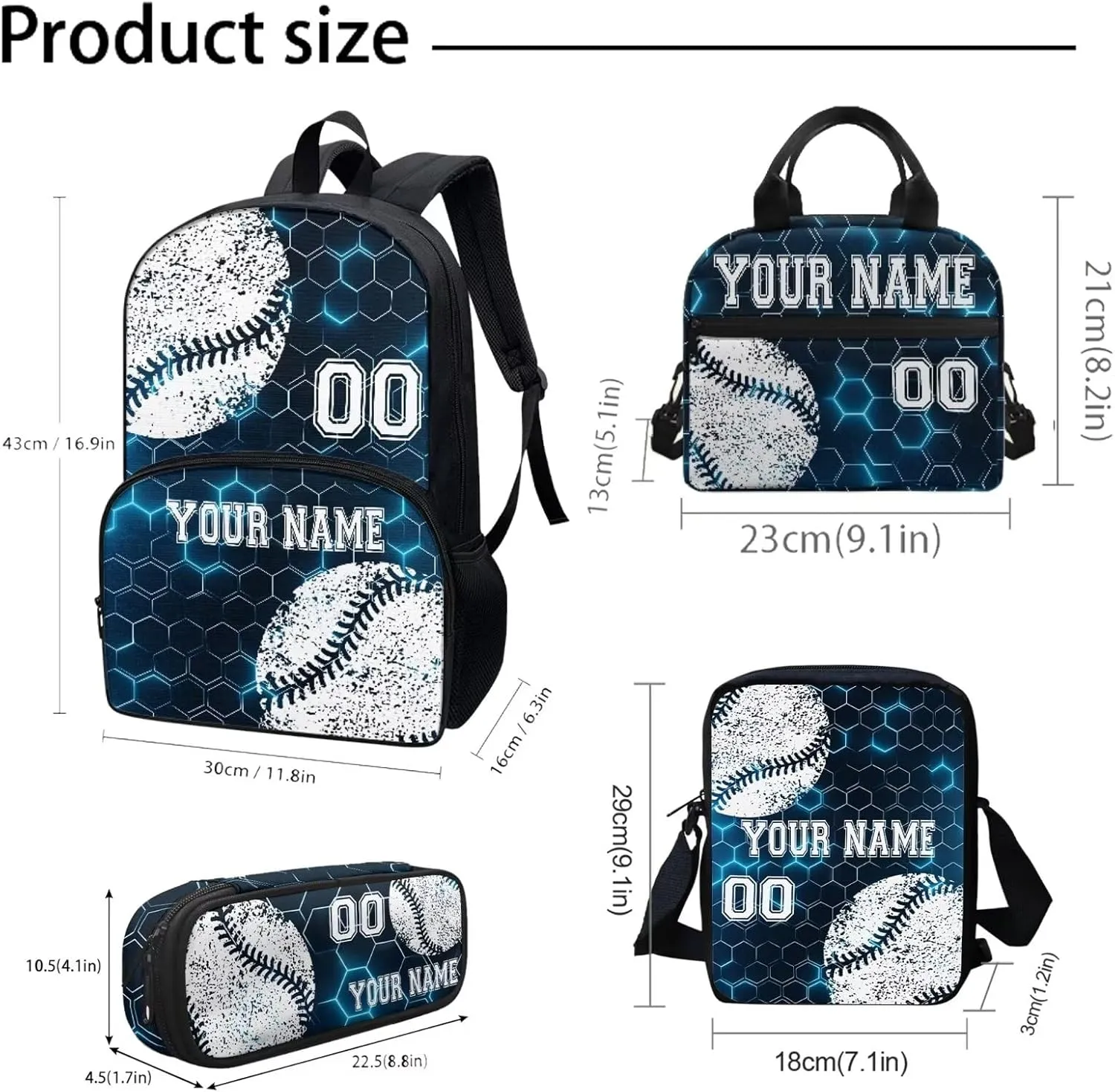 4Pcs Baseball Sport Personalized Customized Name Kids Backpack For Girls, Blue Hexagon Pattern Student School Backpack With Lunch Bag Pen Bag Set