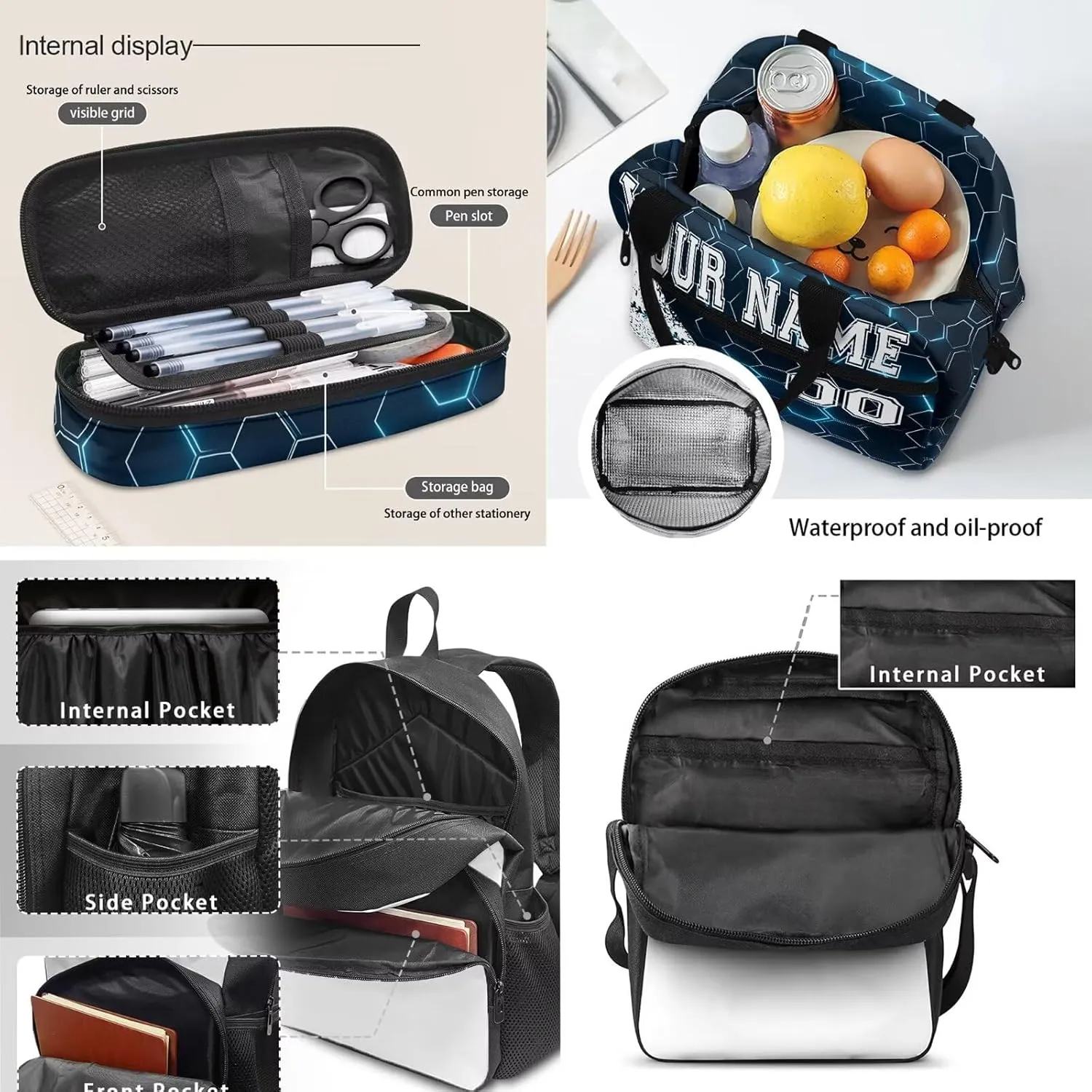 4Pcs Baseball Sport Personalized Customized Name Kids Backpack For Girls, Blue Hexagon Pattern Student School Backpack With Lunch Bag Pen Bag Set