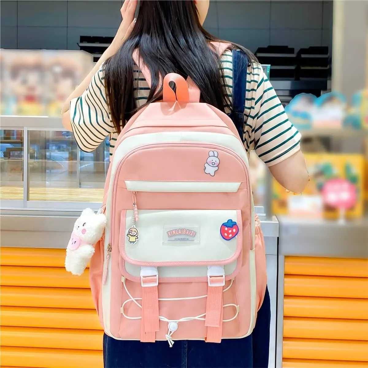 4Pcs Kawaii Backpack Set for Teens Girl Cute School Bag Combo Set Aesthetic Backpack with Pendant Pins Accessories