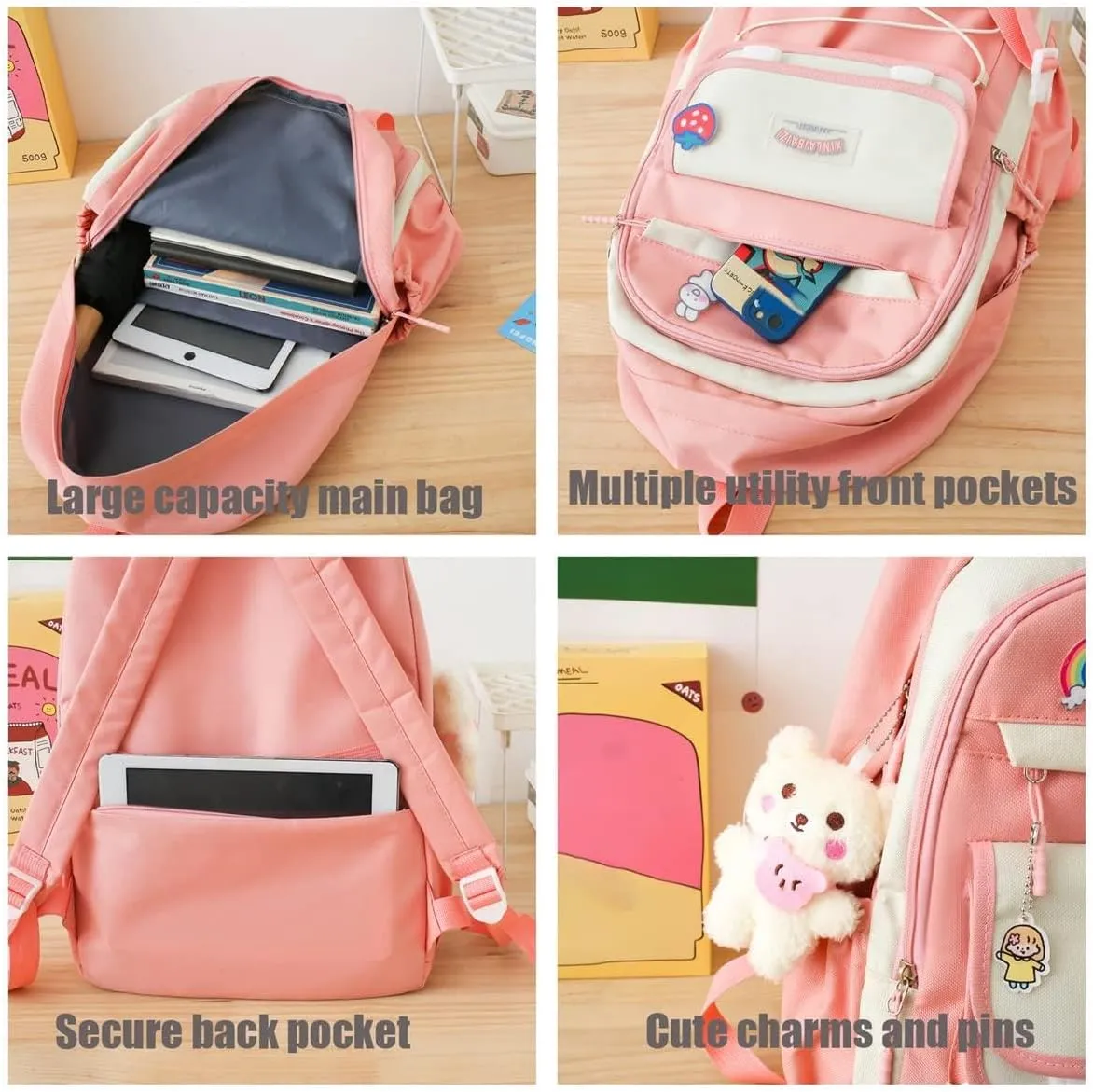 4Pcs Kawaii Backpack Set for Teens Girl Cute School Bag Combo Set Aesthetic Backpack with Pendant Pins Accessories