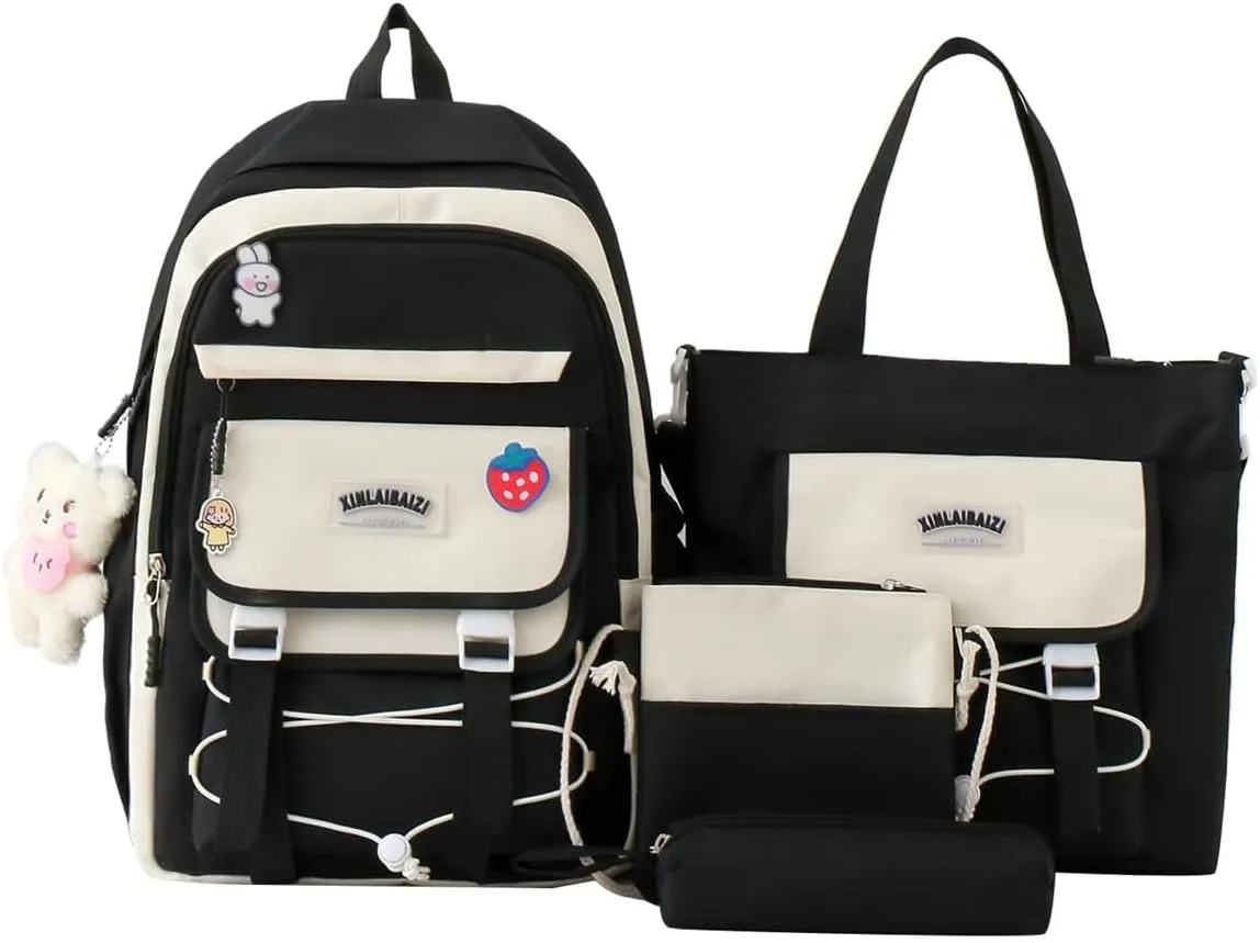 4Pcs Kawaii Backpack Set for Teens Girl Cute School Bag Combo Set Aesthetic Backpack with Pendant Pins Accessories