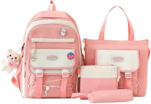 4Pcs Kawaii Backpack Set for Teens Girl Cute School Bag Combo Set Aesthetic Backpack with Pendant Pins Accessories