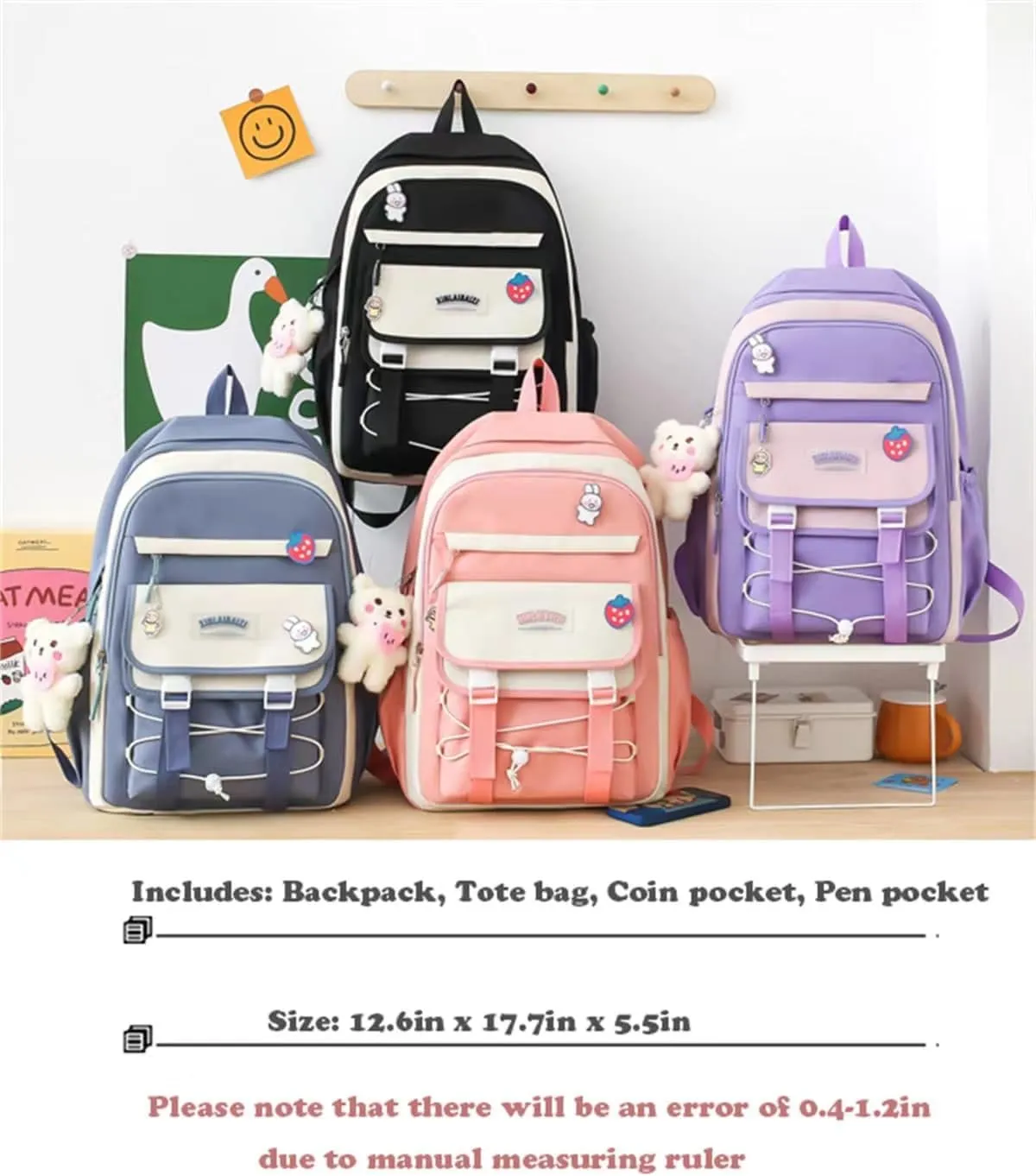 4Pcs Kawaii Backpack Set for Teens Girl Cute School Bag Combo Set Aesthetic Backpack with Pendant Pins Accessories