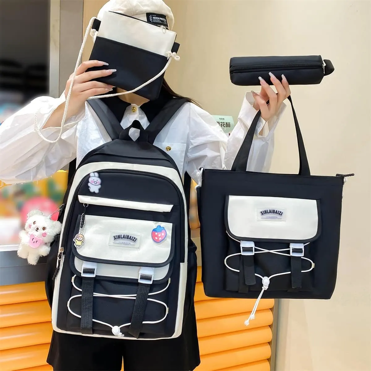 4Pcs Kawaii Backpack Set for Teens Girl Cute School Bag Combo Set Aesthetic Backpack with Pendant Pins Accessories