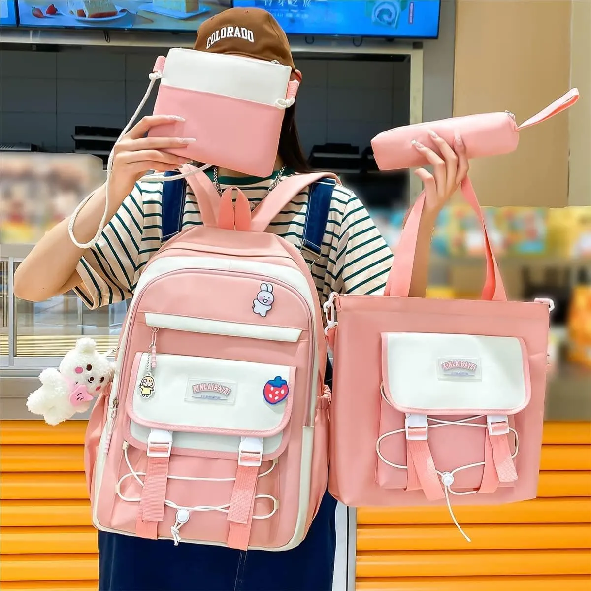 4Pcs Kawaii Backpack Set for Teens Girl Cute School Bag Combo Set Aesthetic Backpack with Pendant Pins Accessories