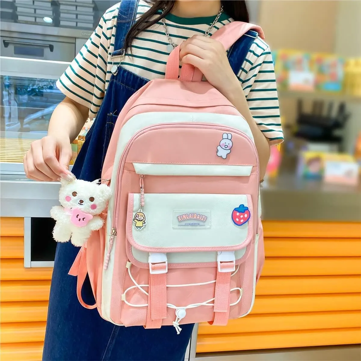 4Pcs Kawaii Backpack Set for Teens Girl Cute School Bag Combo Set Aesthetic Backpack with Pendant Pins Accessories
