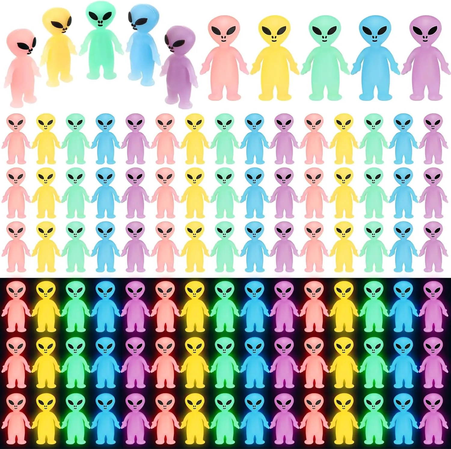 50 Colorful Mini Alien Figures Glow in The Dark Small Little Tiny Aliens Figurine for Space Party Favors Prank Rubber Easter Toys Bulk Gifts for Easter Goodie Bag Filler Piñata Stuffers