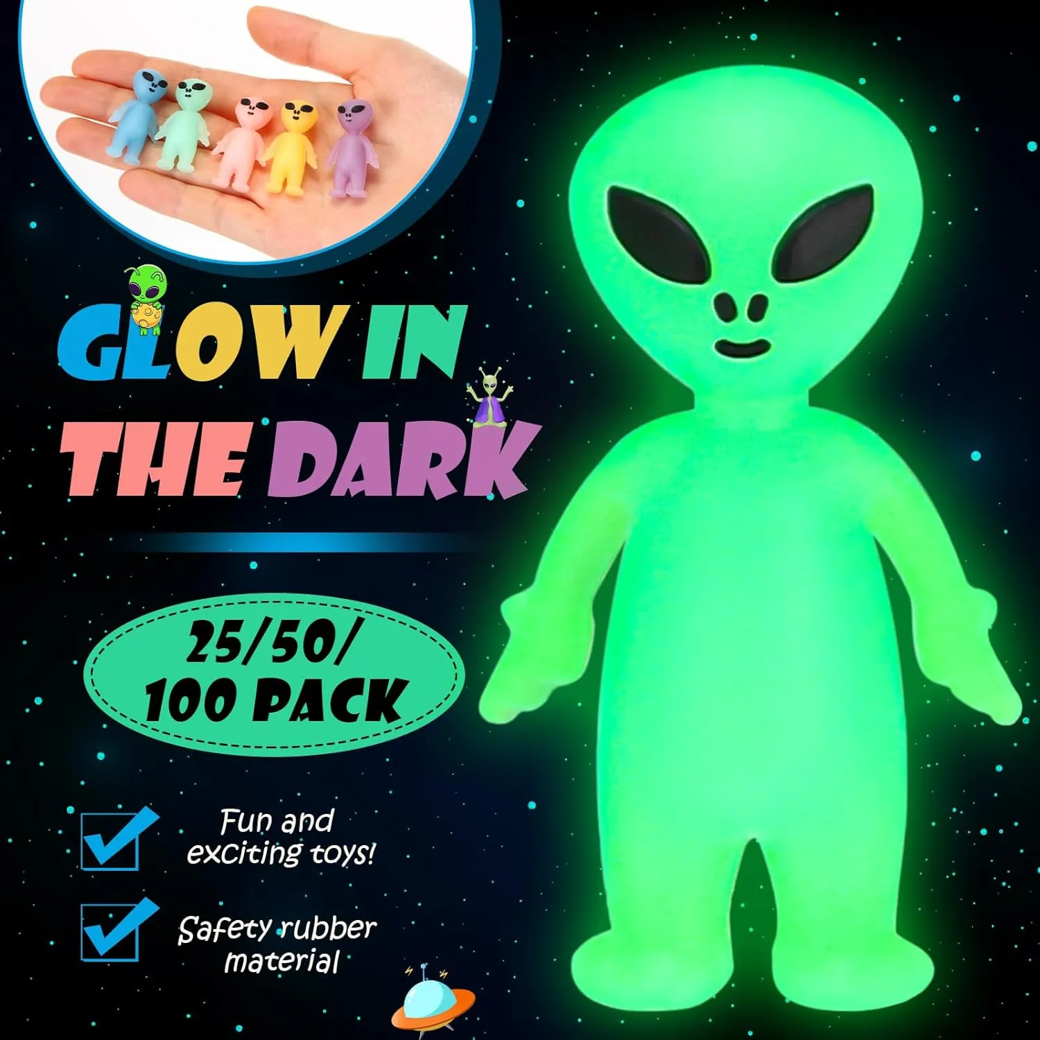 50 Colorful Mini Alien Figures Glow in The Dark Small Little Tiny Aliens Figurine for Space Party Favors Prank Rubber Easter Toys Bulk Gifts for Easter Goodie Bag Filler Piñata Stuffers
