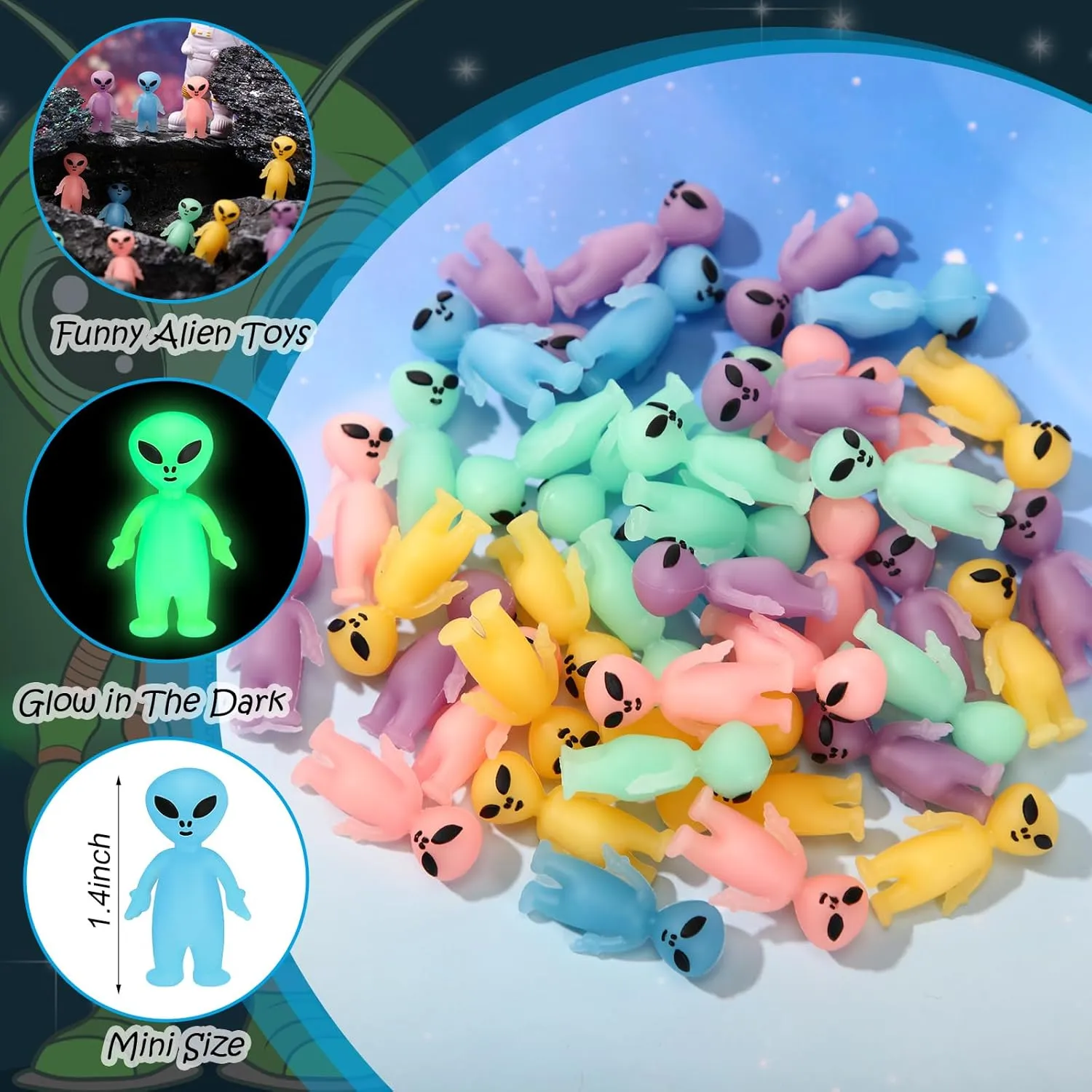 50 Colorful Mini Alien Figures Glow in The Dark Small Little Tiny Aliens Figurine for Space Party Favors Prank Rubber Easter Toys Bulk Gifts for Easter Goodie Bag Filler Piñata Stuffers
