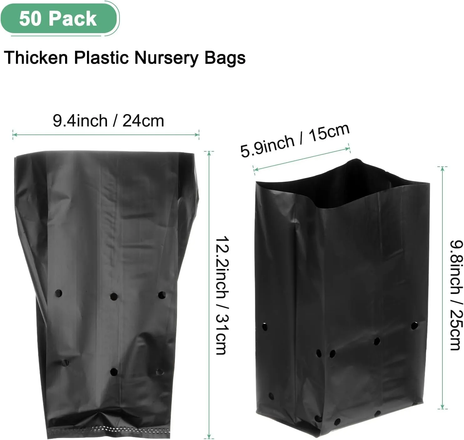 50-Pack Nursery Growing Bags, 9.4" x 12.2" Thicken Plastic Nursery Bags, Gardening Seed Plant Bags for Potato/Flower/Tomato/Plant Starts/Home Gardening Supplies [Black]