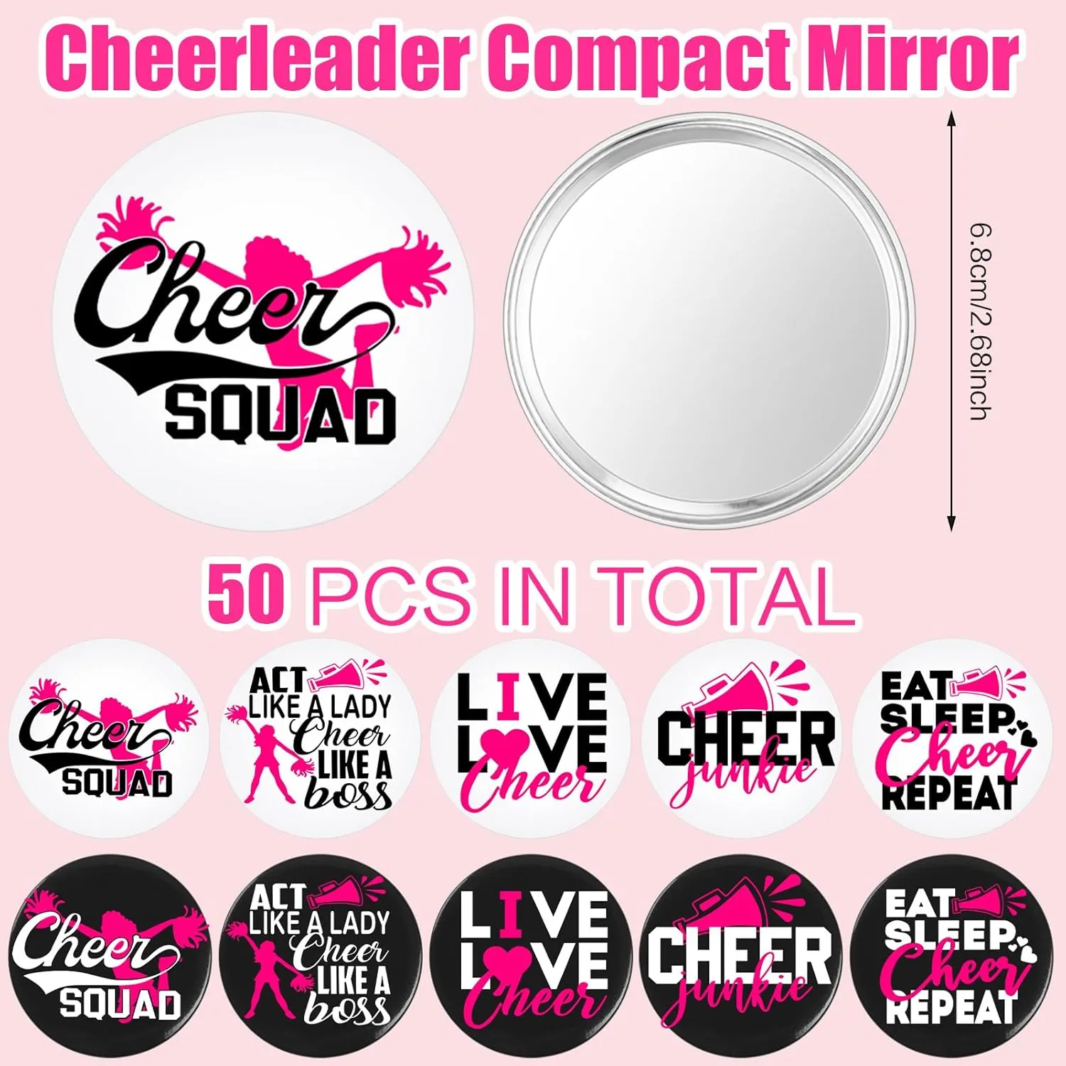 50 Pcs Cheer Gifts Bulk for Team Cheerleader Compact Mirror Bulk Pocket Mirror Cheerleader Party Favors 2.68 Inch Portable Makeup Mirrors for Cheer Team(Rose Red)