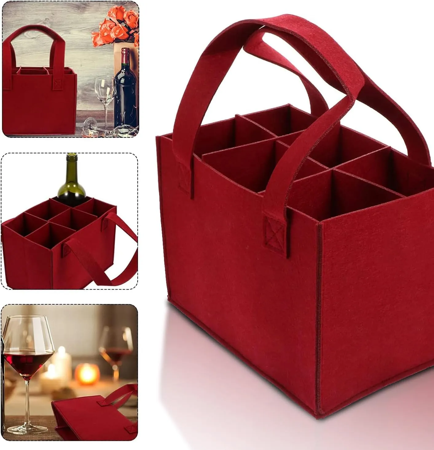 6 Bottle Wine Carrier with Divider Felt Wine Storage Tote Bag, Portable Reusable Wine Travel Bag with Handle for Christmas Travel Camping Picnic Party (Red)