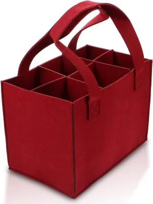 6 Bottle Wine Carrier with Divider Felt Wine Storage Tote Bag, Portable Reusable Wine Travel Bag with Handle for Christmas Travel Camping Picnic Party (Red)