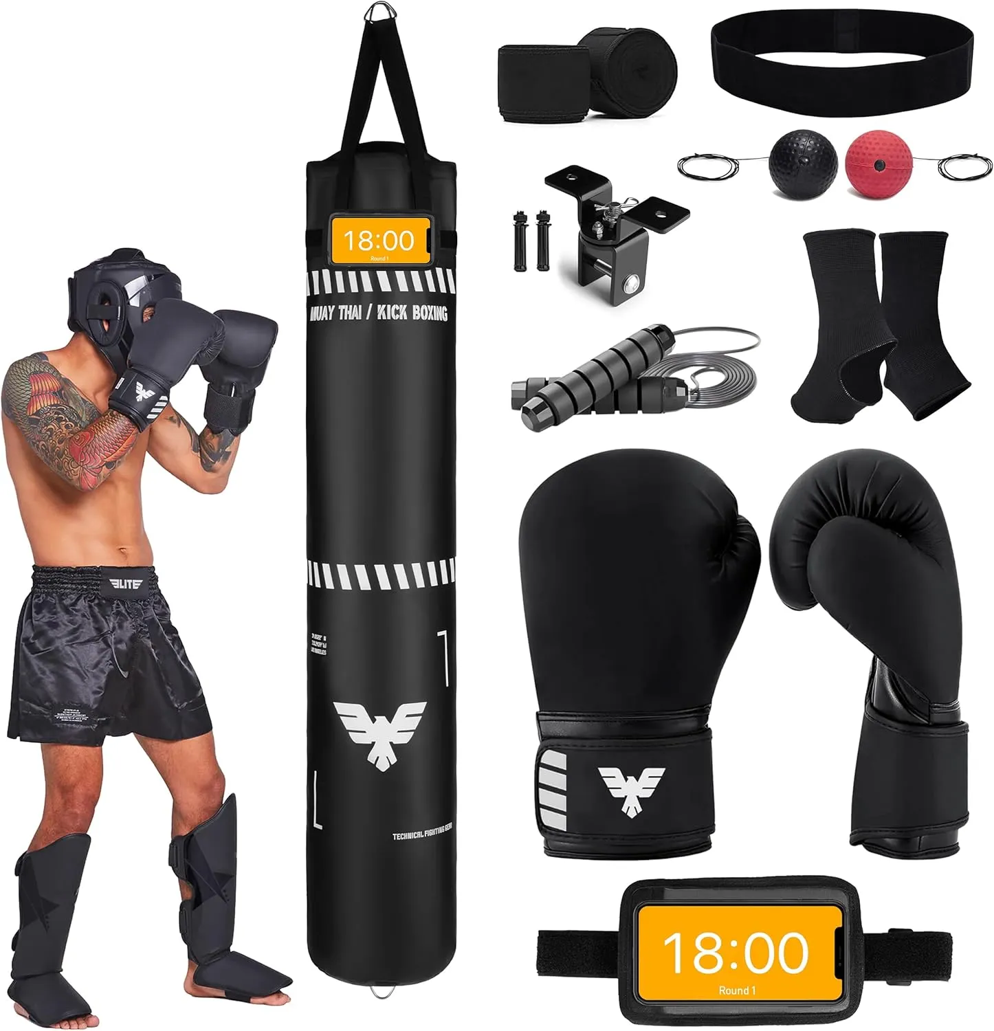 6 Ft Tall Muay Thai Punching Bag Set - Heavy Bag, Training Gloves, Hand Wraps for Kickboxing Heavy Bag, MMA 100 Lbs Bag (Unfilled)