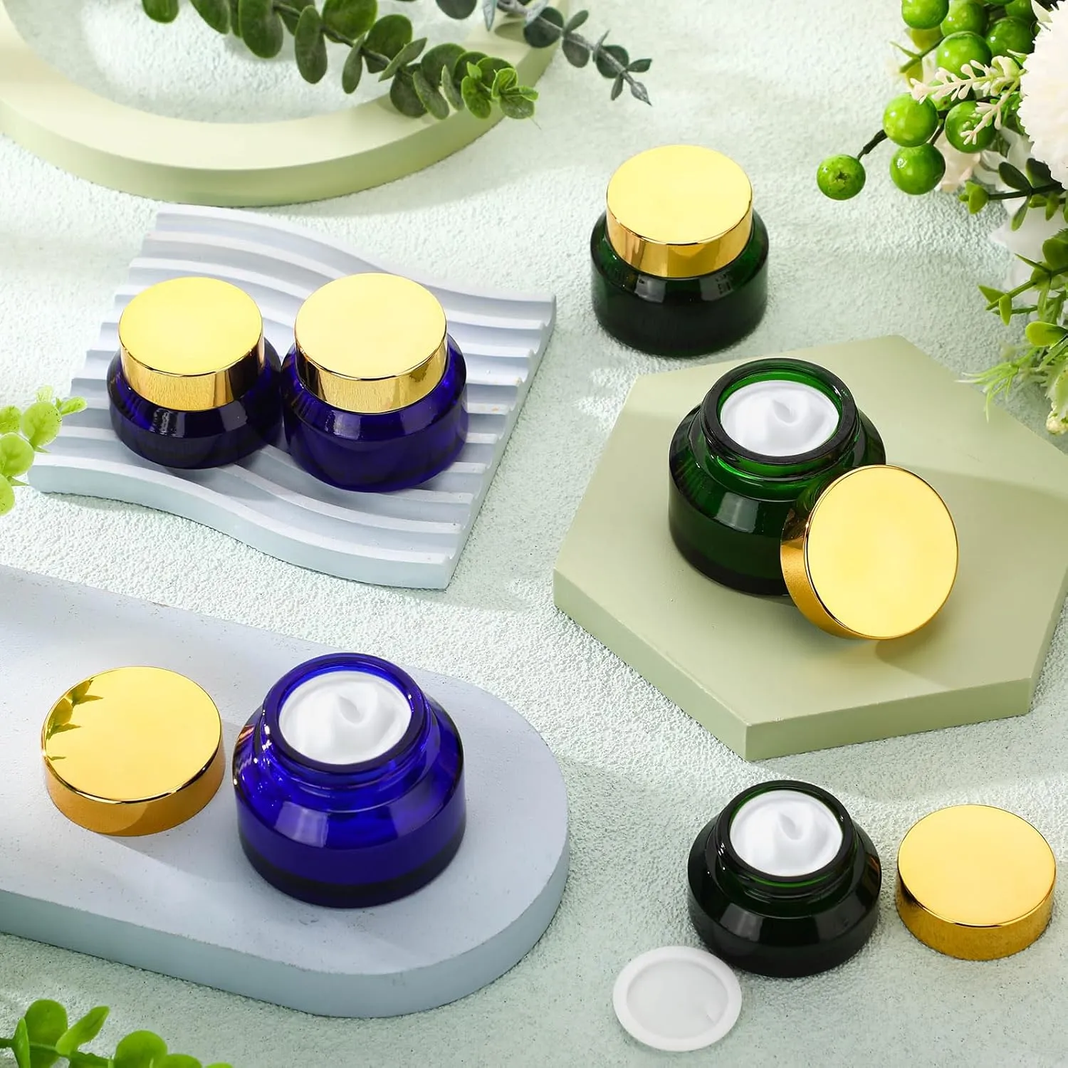 6 Pcs 0.5/1/ 2 oz Glass Jar with Lids Travel Size Containers for Toiletries Round Cosmetic Jars with Inner Travel Accessories for Storing Lip, Body Scrub, Lotion, Bath Salts(Green, Blue)