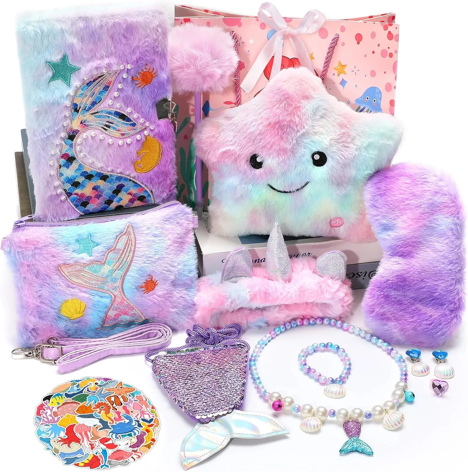73Pcs Mermaid Gifts for Girls 5 6 7 8 9 10  Years Old Birthday Valentine's Day Mermaid Toy with Light Up Plush Star Pillow Diary Purse Jewelry Girl Toys Birthday for Toddler and Daughter